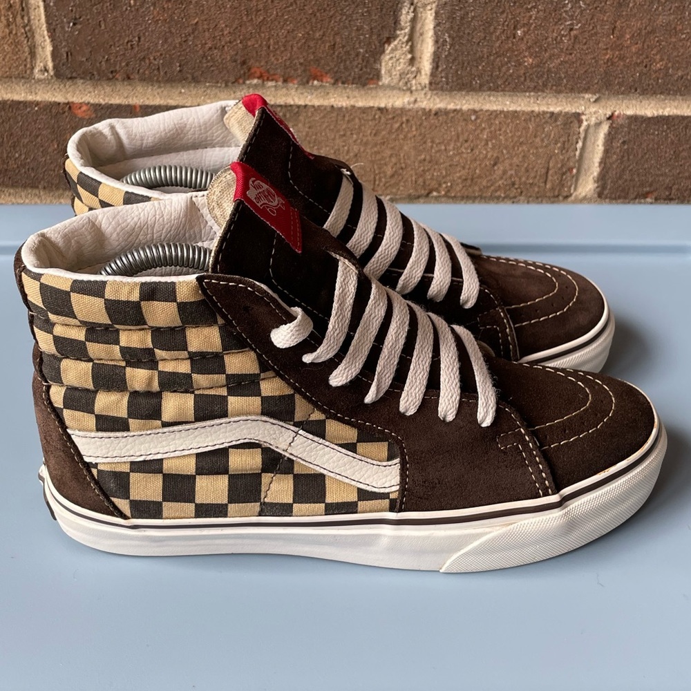 Vans Expresso Brown & White Checkerboard High Top Skateboard Sneakers